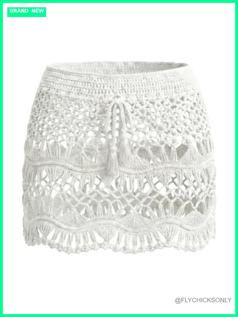 Crochet Knit Mini Skirt Coverup Drawstring Sheer Swimwear Beach